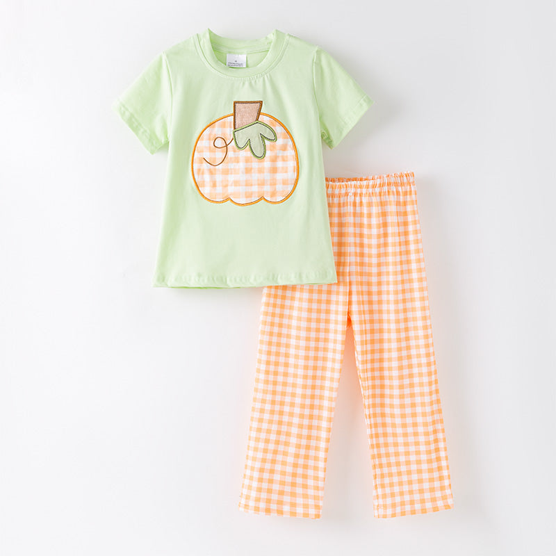 Boys Halloween 2 Pieces Outfit-Pumpkin Embroidery Top & Orange Plaid Pant
