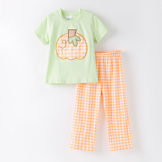 Boys Halloween 2 Pieces Outfit-Pumpkin Embroidery Top & Orange Plaid Pant