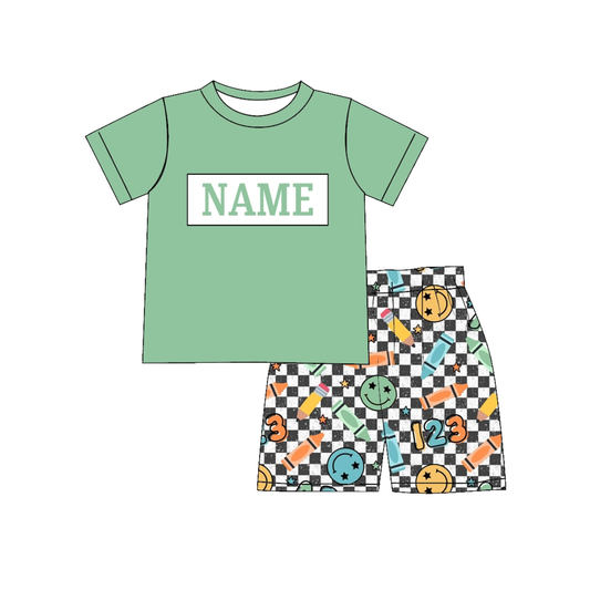 Boys Back To School Custom Name Green Pencil Short Set