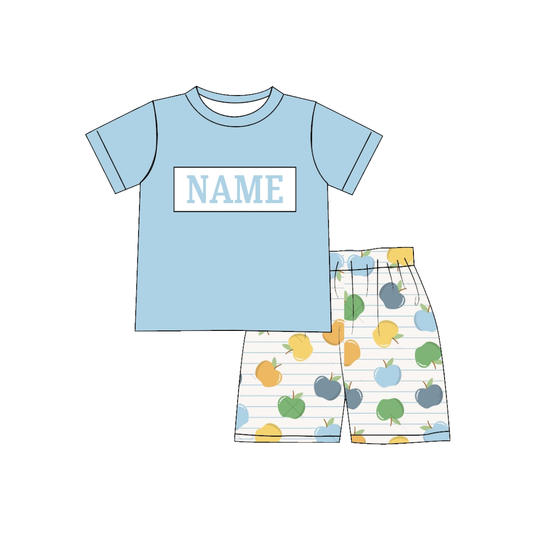 Boys Back To School Custom Name Blue Apple Short Set