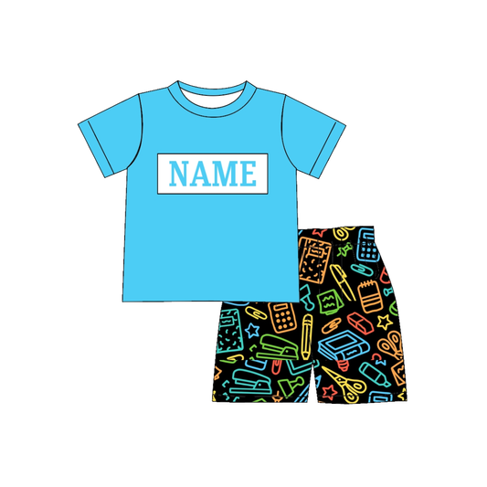 Boys Back To School Custom Name Blue Book Pencil Short Set
