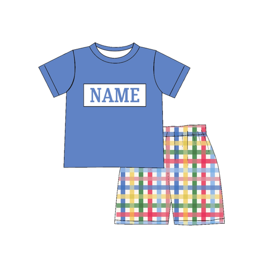 Boys Back To School Custom Name Blue Plaid Short Set