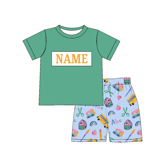 Boys Back To School Custom Name Green Yellow Bus Short Set