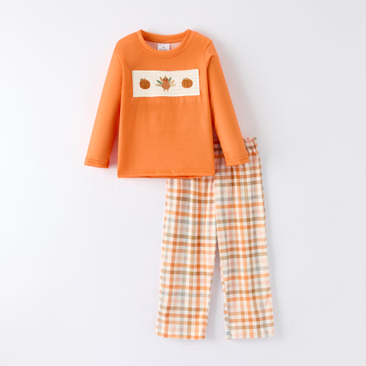Boys Thanksgiving Pumpkin Turkey Embroidery Smock Fall Pant Set