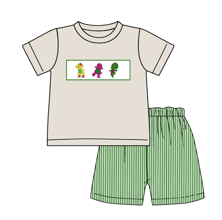 Kids Summer Cartoon Green Stripes Embroidery Sibling Clothes