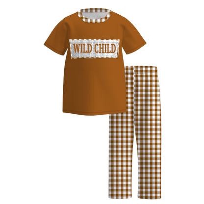 Kids Fall WILD CHILD Embroidery Brown Floral Plaid Sibling Clothes