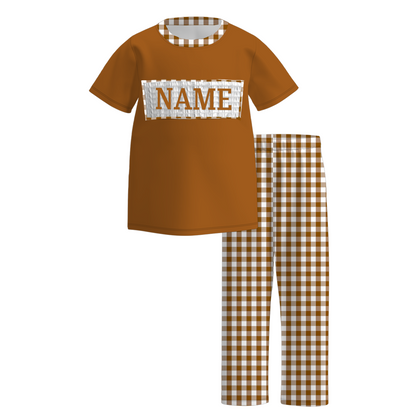 Kids Fall CUSTOM NAME Embroidery Brown Floral Plaid Sibling Clothes