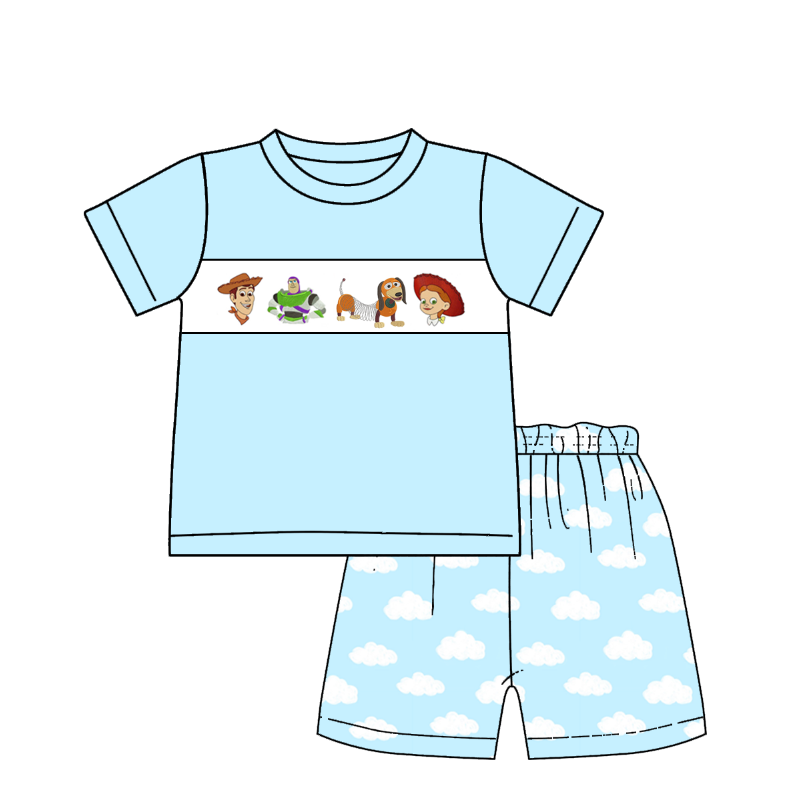 Kids Blue Cloud Cartoon Embroidery Smocked Sibling Clothes Collection