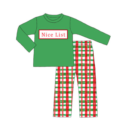 Kids Christmas Red Green Plaid NICE LIST Embroidery Sibling Clothes