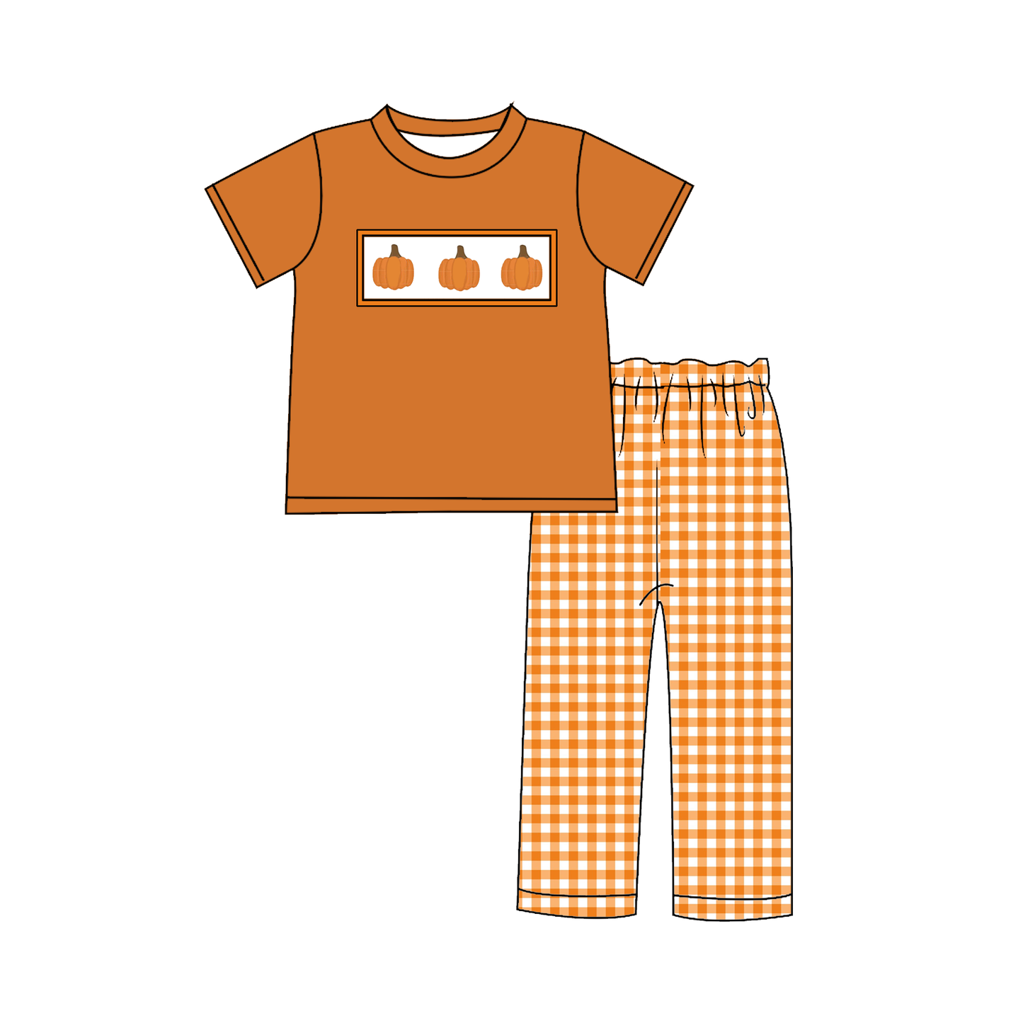 Kids Fall Thanksgiving Orange Plaid Pumpkin Embroidery Sibling Clothes