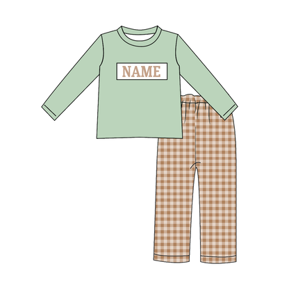 Kids Fall Custom Name Embroidery Green Orange Plaid Sibling Clothes
