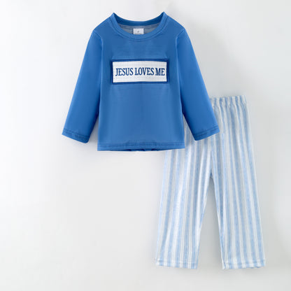 Sibling Kids Fall Blue Floral JESUS LOVES ME Smocked Embroidery Outfits