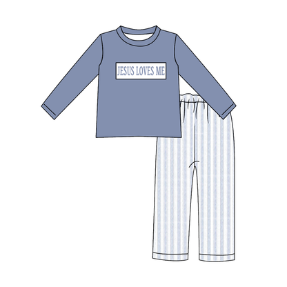 Sibling Kids Fall Blue Floral JESUS LOVES ME Smocked Embroidery Outfits