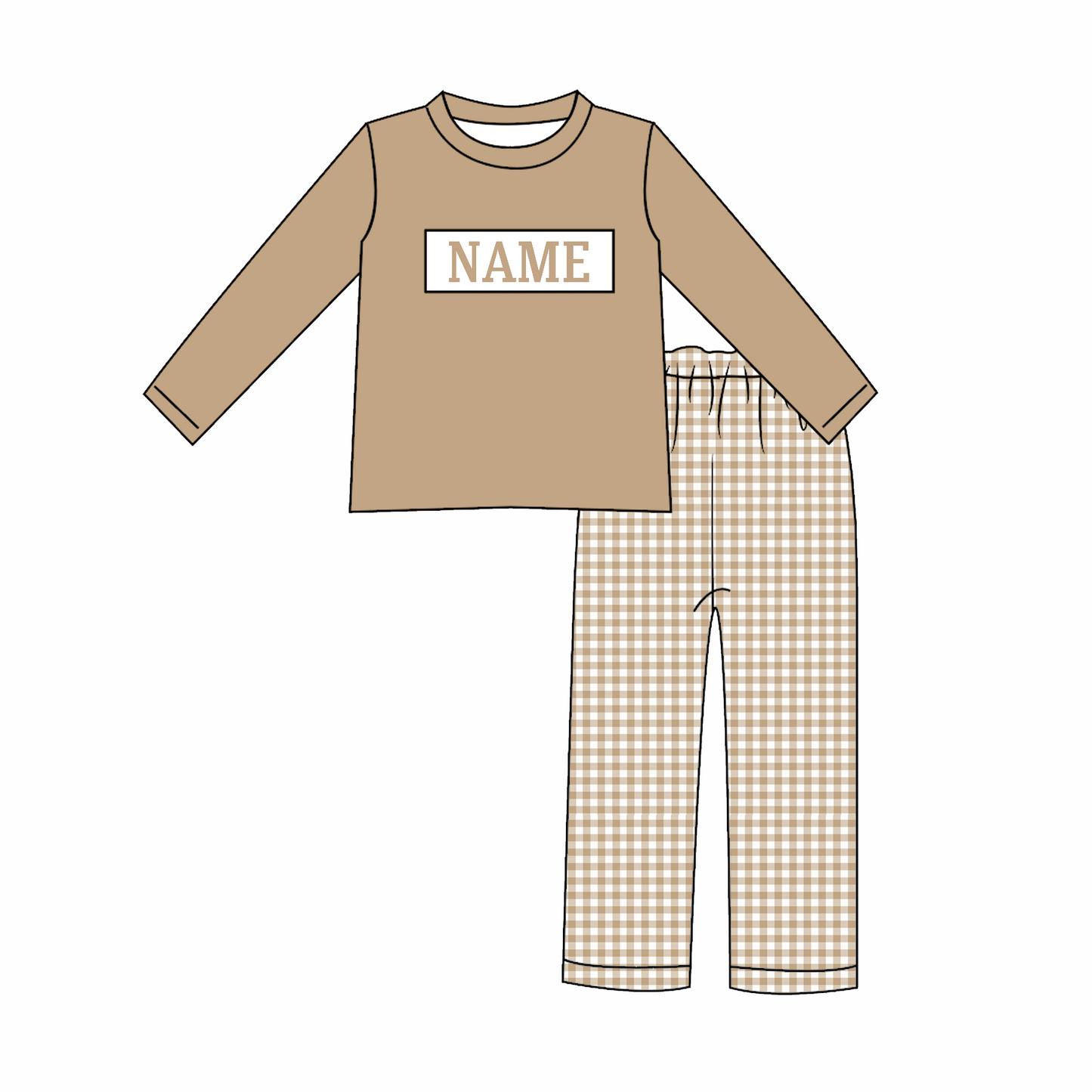 Kids Christmas CUSTOM NAME Embroidery Beige Plaid Sibling Clothes