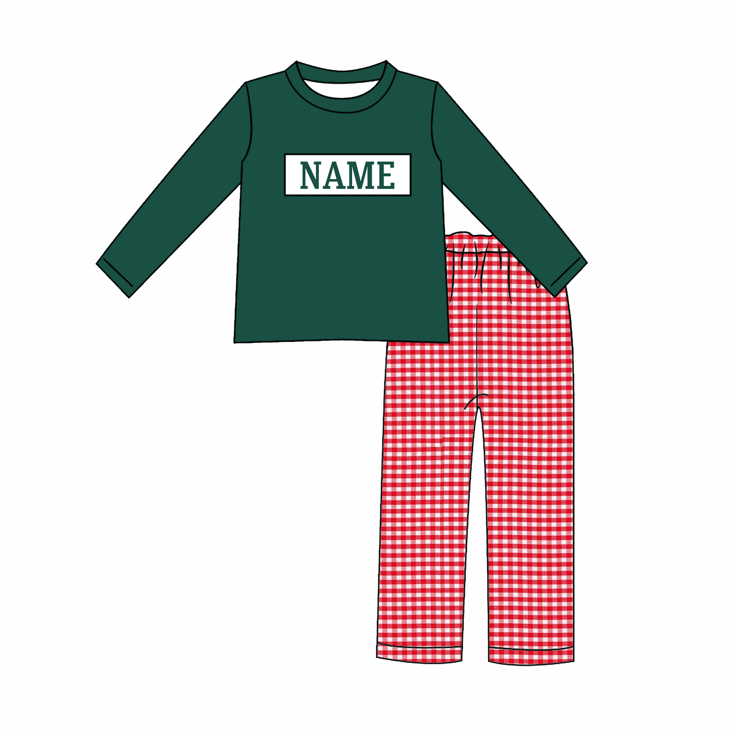 Kids Christmas CUSTOM NAME Embroidery Red Plaid Sibling Clothes