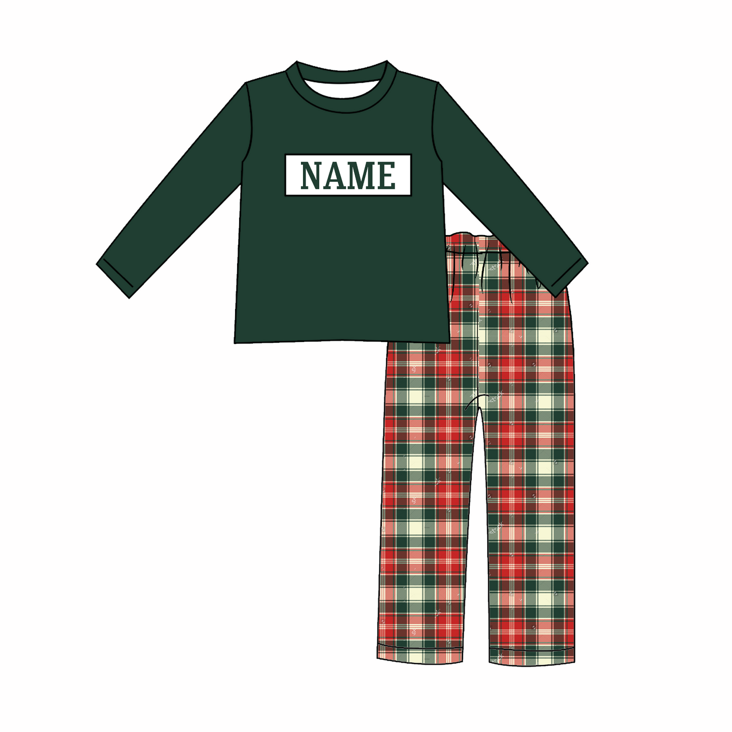 Kids Christmas CUSTOM NAME Embroidery Green Plaid Sibling Clothes