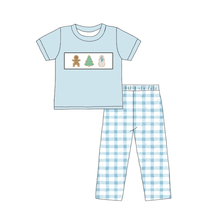 Kids Christmas Snowman Gingerbread Embroidered Smocked Outfits
