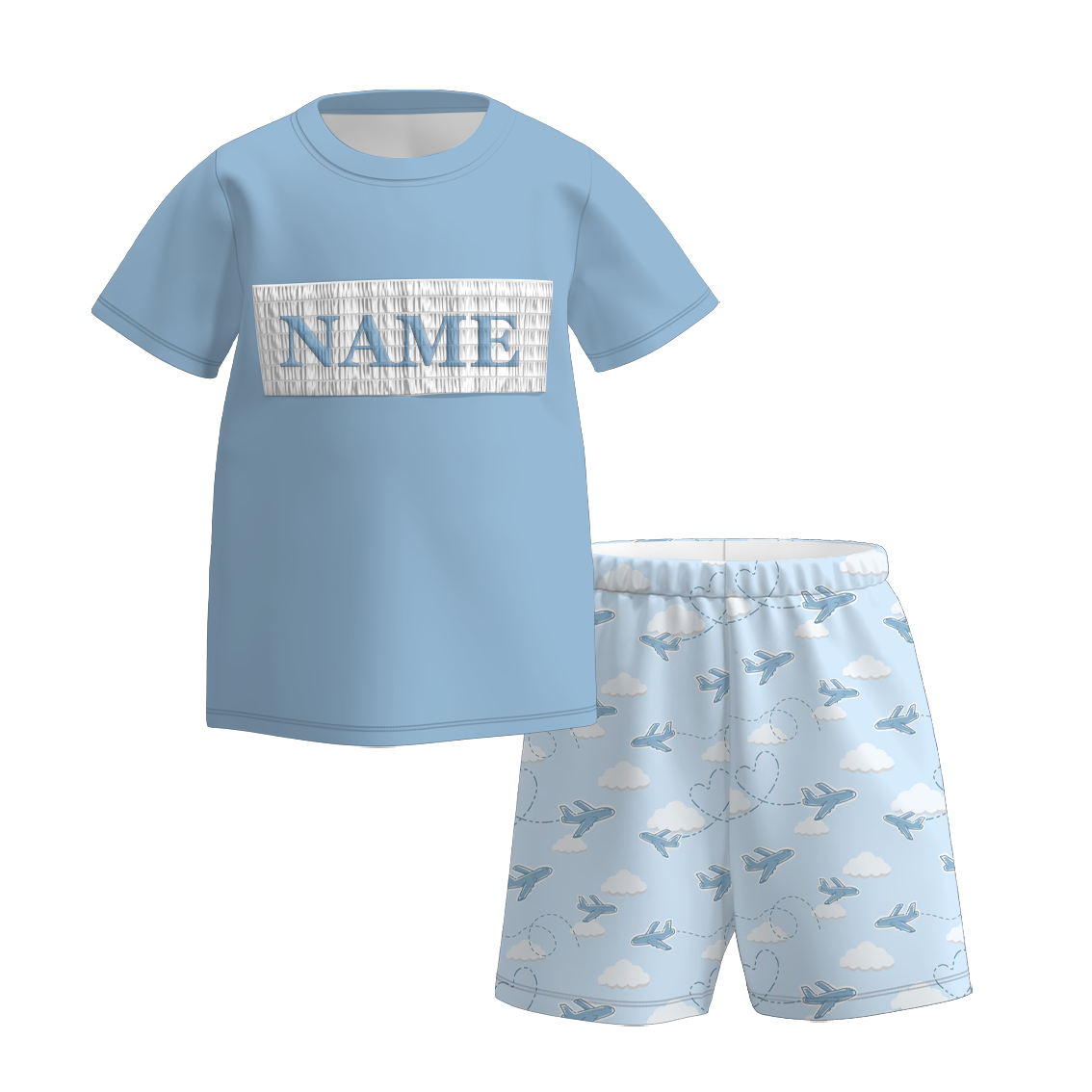 Boys Spring Summer Blue Plane Custom Name Smock Embroidery Collection