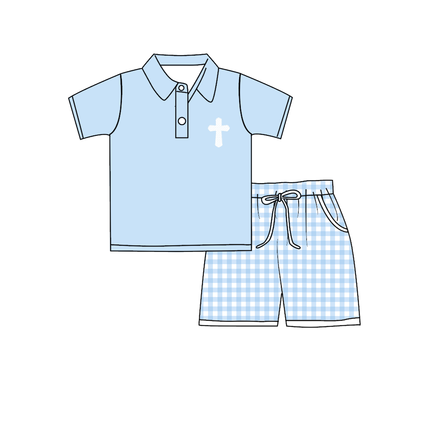 Easter Blue Plaid Bow Cross Smock Embroidery Collection