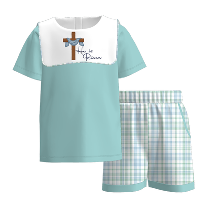 Easter “He Is Risen” Embroidered Kids Summer Outfit Set | Faith-Inspired Spring & Summer Collection