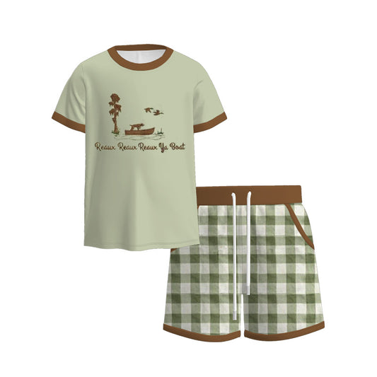 Kids Plaid Short Set With Bear Boat Embroidery Collection For Summer