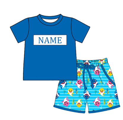 Custom Name Smocked Embroidery Baby & Toddler Shark Print Clothing Set | Personalized Boutique Kids Outfit