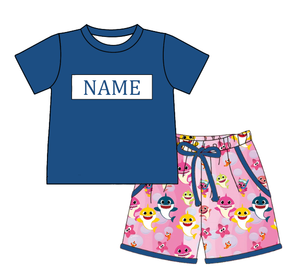 Custom Name Smocked Embroidery Baby Girl Shark Print Outfit Set | Personalized Boutique Toddler Clothing Collection