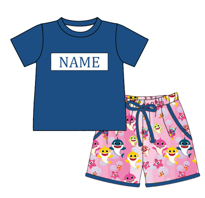 Custom Name Smocked Embroidery Baby Girl Shark Print Outfit Set | Personalized Boutique Toddler Clothing Collection