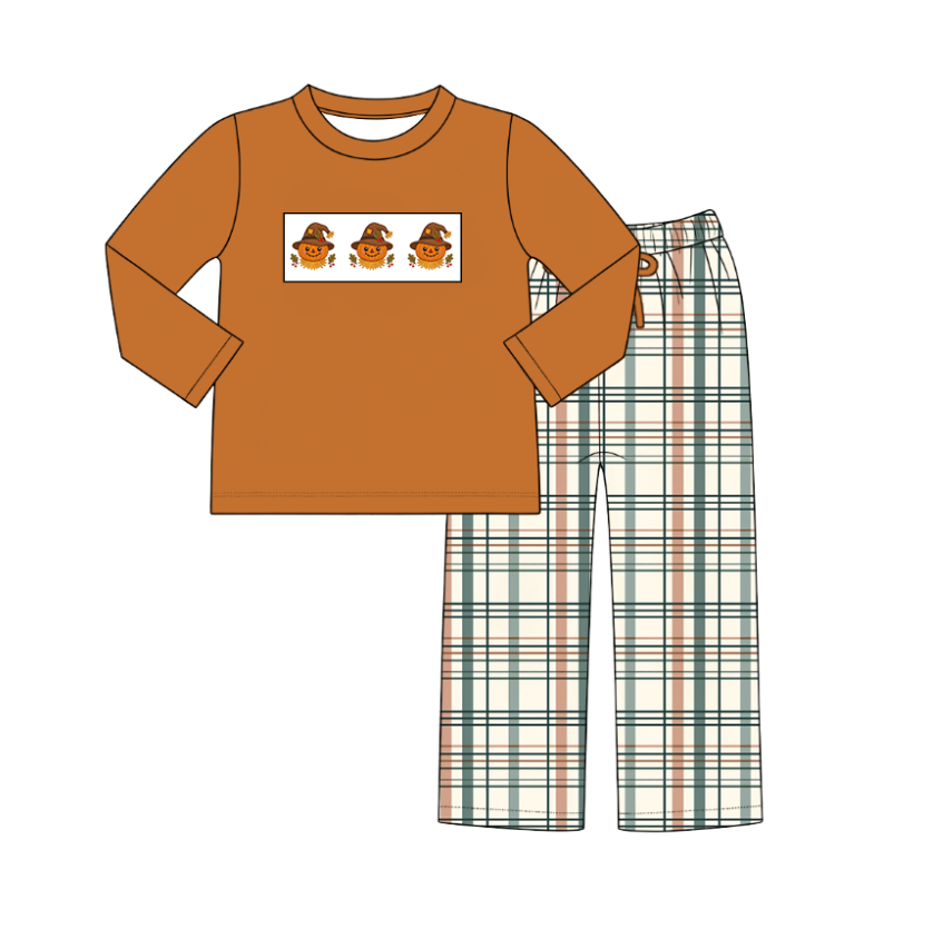 Fall Scarecrow Smocked Embroidered Kids Collection | Boutique Patchwork Plaid Dress, Romper & Boys Outfit | Autumn Harvest Clothing