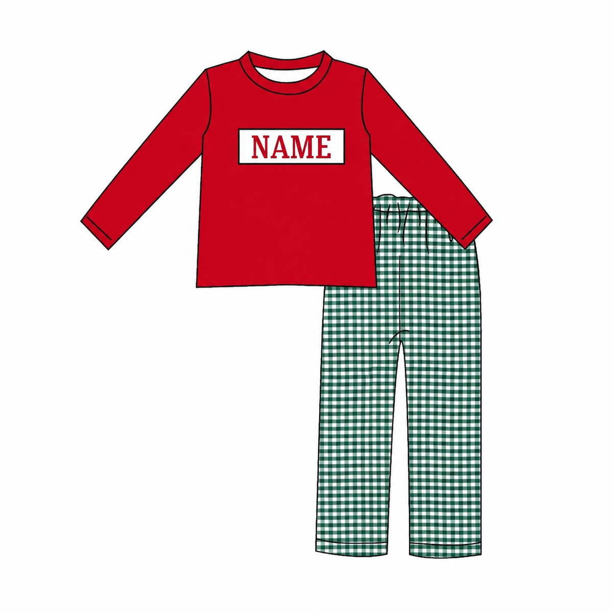 Personalized Christmas Green Gingham Smocked Outfits – Custom Name Embroidery Girls Dress, Baby Romper & Boys Pants Set