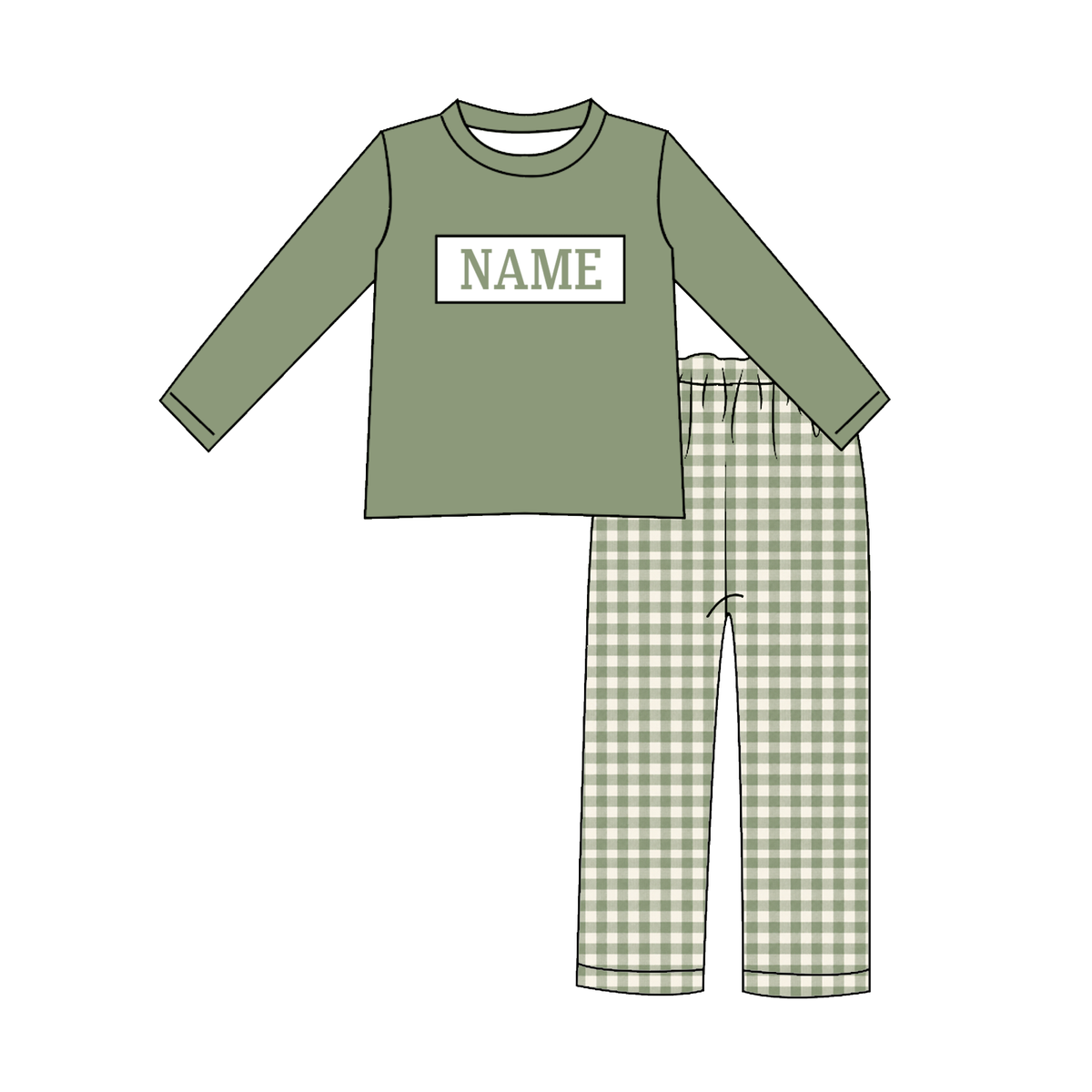 Personalized Sage Green Gingham Smocked Outfits – Custom Name Embroidery Girls Dress, Baby Rompers & Boys 2-Piece Set
