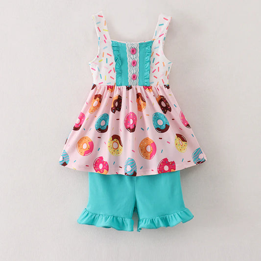 Girls Summer Donut Print Short Set