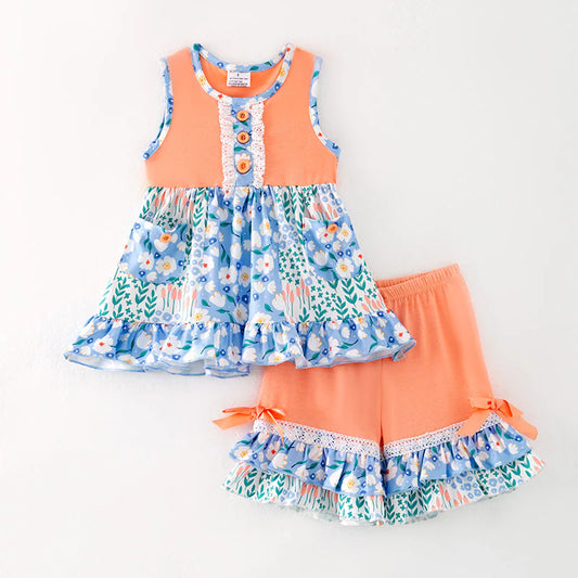 Toddler Girls Summer Floral Coral Ruffled Short Set