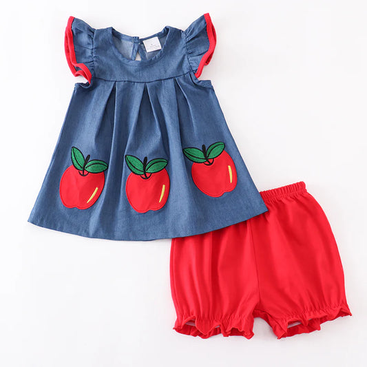 Girls Back To School Apple Applique Red Blue Short Set