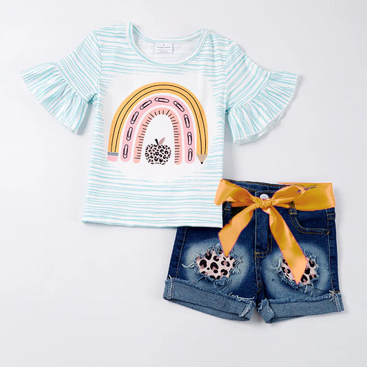 Girls Back To School Apple Rainbow Denim Short Set