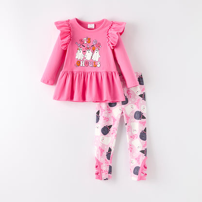 Girls Halloween Let's Go Ghouls Hot Pink Long Sleeves Pant Set
