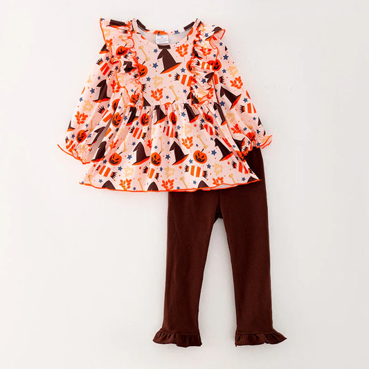 Girls Halloween Ghost Pumpkin Brown Long Sleeves Pant Set