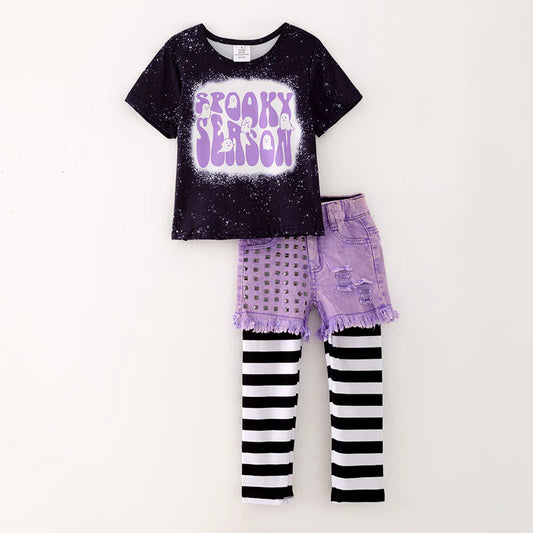 3 Pieces Girls Halloween SPOOKY SEASON Denim Black Stripes Pant Set