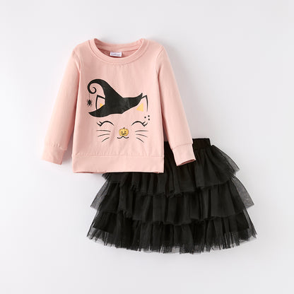 Girls Halloween Witch Pink Black Tulle Skirt Set