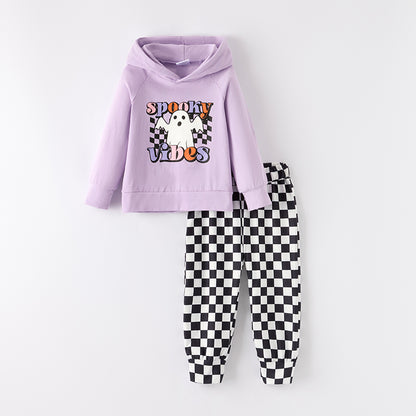 Girls Hallowen Spooky Vibes Lavender Black Plaid Hoodies Set