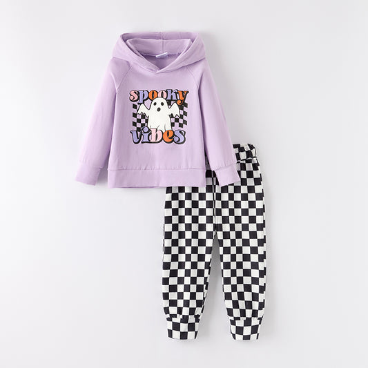Girls Hallowen Spooky Vibes Lavender Black Plaid Hoodies Set
