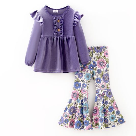 Girls Fall Purple Velvet Top & Floral Bell-Bottom Set
