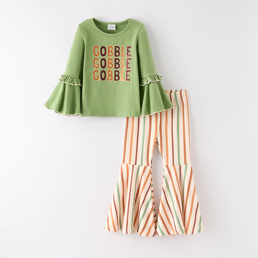 Girls Fall Thanksgiving GOBBLE Green Orange Stripes Pant Set