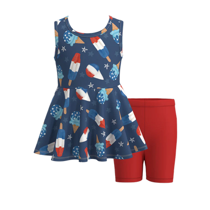 Girls Summer Patriotic Ice-Cream Bow Print Short Set