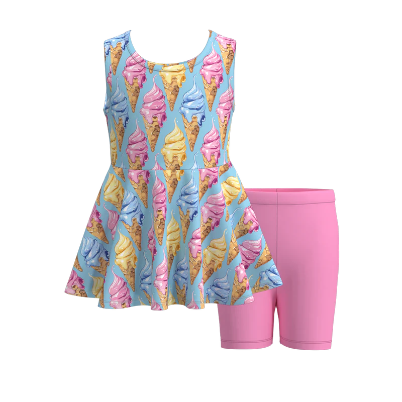 Girls Summer Patriotic Ice-Cream Bow Print Short Set