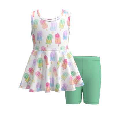 Girls Summer Patriotic Ice-Cream Bow Print Short Set