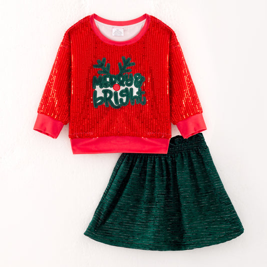 Girls Christmas MERRY BRIGHT Red Sequins Green Skirt Set