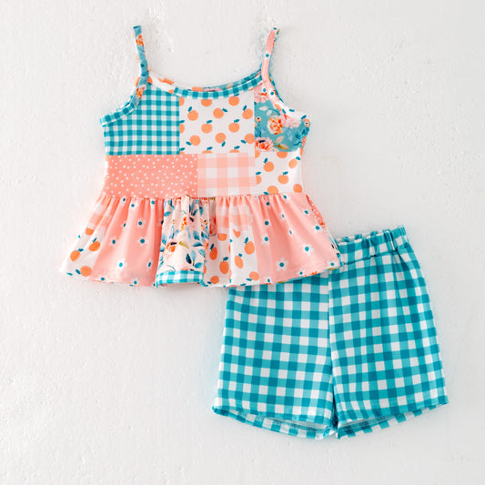 Girls Summer Plaid Fruit Slip Short Set