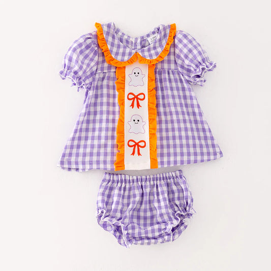 Baby Halloween Purple Orange Bow Ghost Embroidery Romper Set
