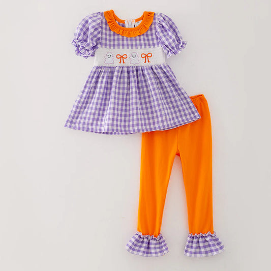 Girls Halloween Purple Orange Bow Ghost Embroidery Pant Set